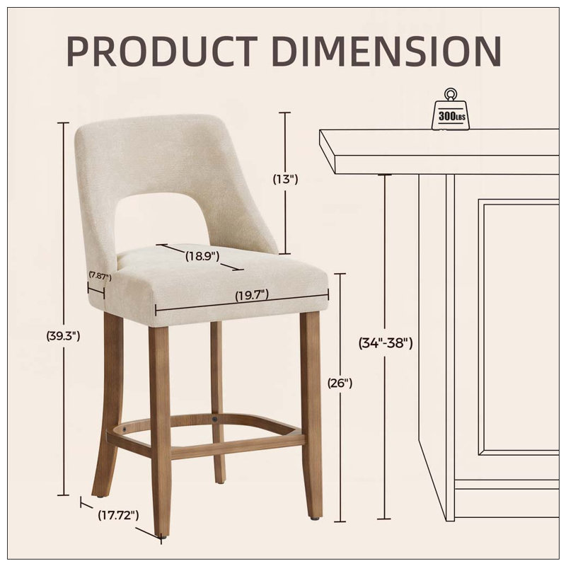 Ensemble de 2 tabourets de bar, tabourets de bar rembourrés à hauteur de comptoir, tabourets de comptoir modernes avec pieds en bois