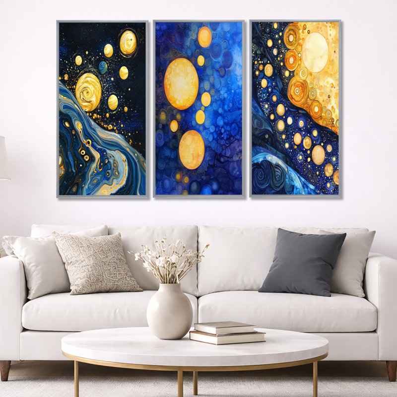 Aura céleste des planètes - ensemble d'art mural encadré or 3 pièces, H 40 po x l 60 po, Silver Floater Framed