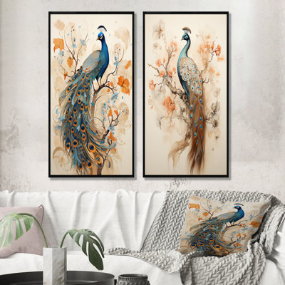 Paon fantaisie rétro en fleurs enchantées - paon, ensemble de 2 reproductions d'art sur toile