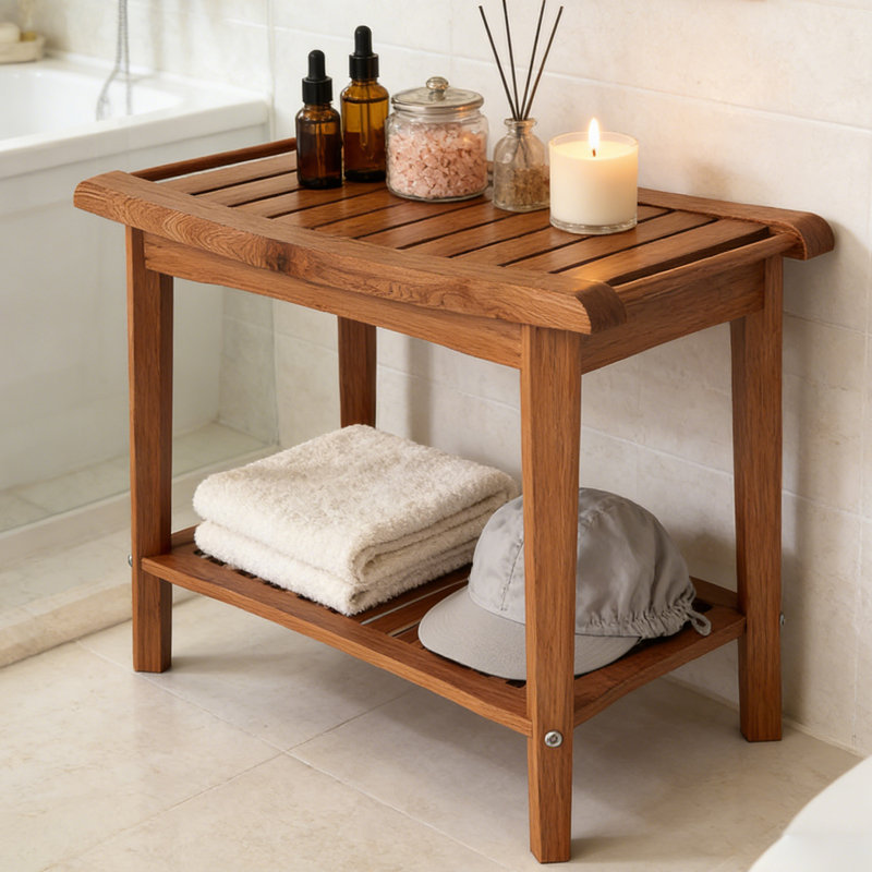 Shower Chair, Shower Bench Wood Water Proof Ergonomic Shower Stool With Storage Shelf For Bathroom Spa Brown, Walnut