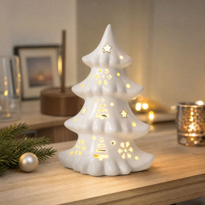 Christmas Decor White Lighted Ceramic Christmas Tree Tabletop LED Christmas Tree Decor With Star  Snowflake Hollow Carving Battery Operated Xmas Tree