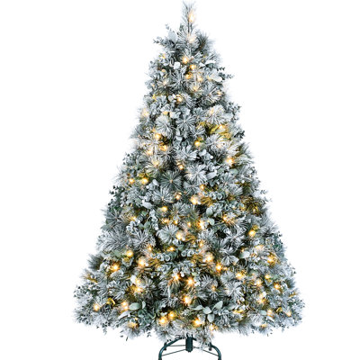 Arbre de Noël enneigé de 4 pi avec feuillage de pin et d'eucalyptus givré, 150 lumières à DEL blanc chaud, 404 pointes pleines, assemblage à charnières enneigées avec des feuilles, éclairage, branches d'aspect naturel,