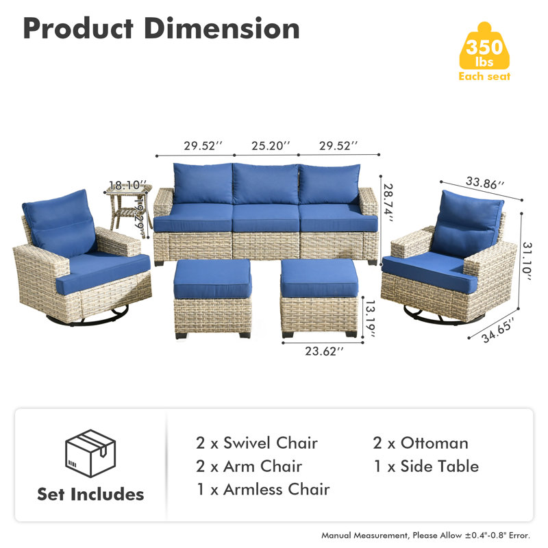 Ensemble de conversation en osier / rotin pour 5 personnes avec chaises pivotantes et coussins Wahkon, No, Marine