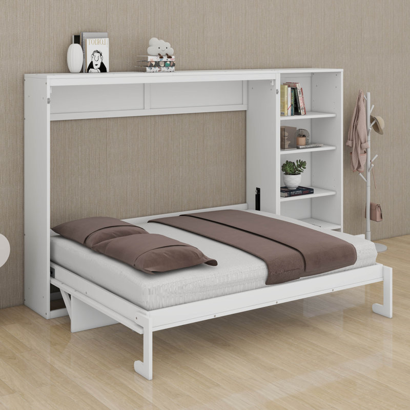 Grand lit escamotable polyvalent avec compartiments de rangement à hauteur réglable et tablette, 1 lit plateforme pliable pour chambre d'amis de petite taille