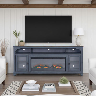 Meuble télé avec foyer pour téléviseurs jusqu'à 95 pouces, 86 po L x 18 po P x 34 po H, bois massif d'hévéa et placage de bouleau, 1 pièce, console télé avec foyer, bleu, foyer électrique de 42 po et 2 portes vitrées