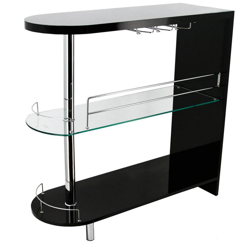 Table de bar moderne 42 po Kalyani, 3 tablettes, verre trempé, noir, chrome, Noir