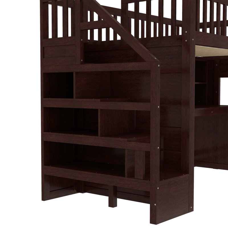 Twin Size Loft Bed With Movable Desk And Storage Shelf, Featuring Storage Stairs,Espresso, Espresso