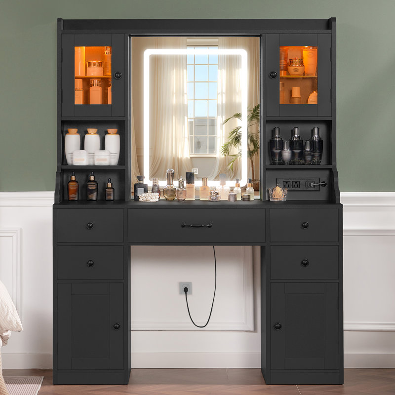Bureau de coiffeuse avec miroir lumineux et prise de courant, pour cadeau de Noël, Noir