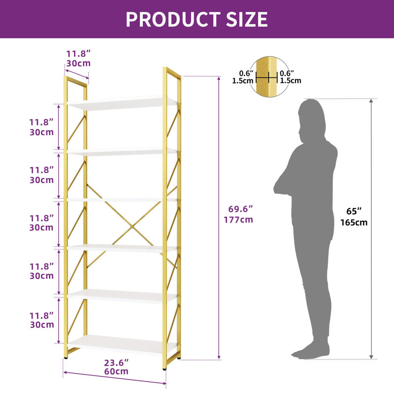 Axtell 69.6" Tall Bookshelf 6 Tier Bookcase, Modern Book Shelf Open Display Storage Rack Shelves, White/Gold