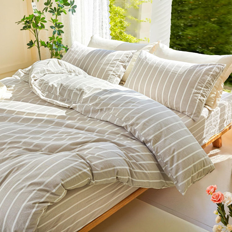 Ensemble de housse de couette à rayures 100% coton lavé DONEUS, ensemble de literie texturé 3 pièces avec fermeture à glissière