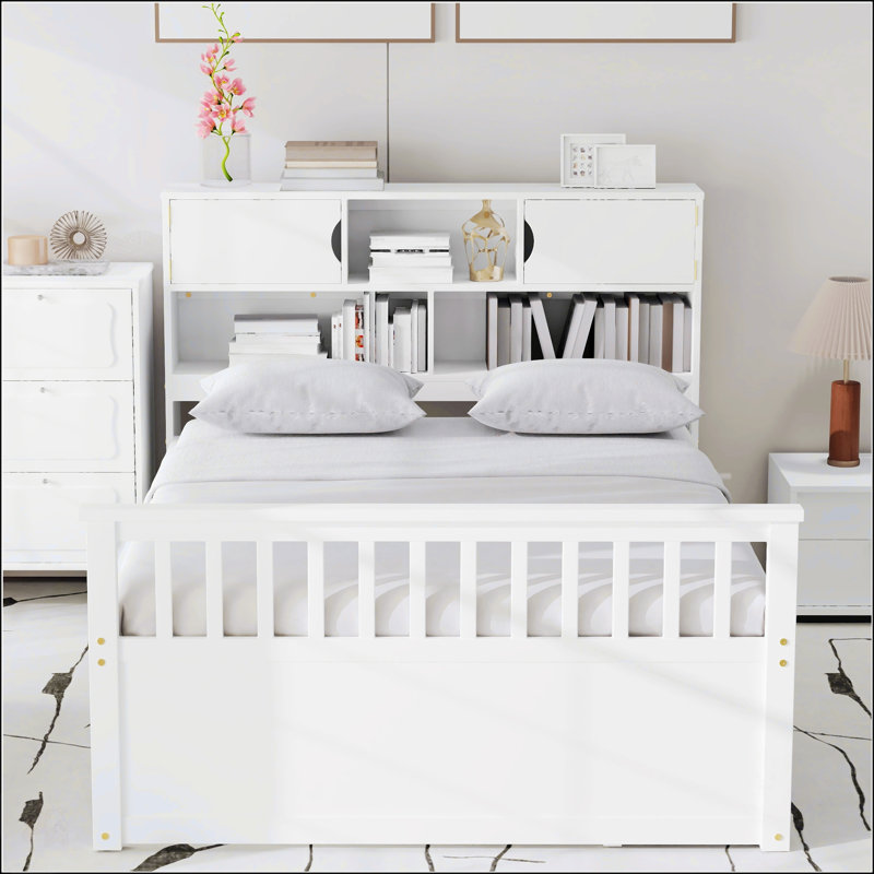 Structure de lit plateforme double pleine grandeur avec bibliothèques de rangement et tablettes, quatre tiroirs, blanc