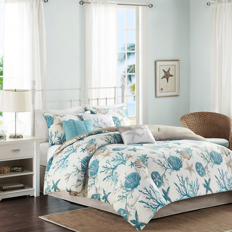 Ensemble d'édredon en coton 7 pièces - motif côtier avec coquillages imprimés, étoile de mer, coraux, sarcelle, ensemble avec style