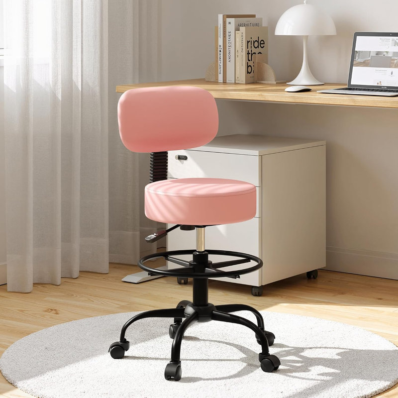Adjustable Drafting Chair with Back Support Rolling Swivel Stool, Pink, 1
