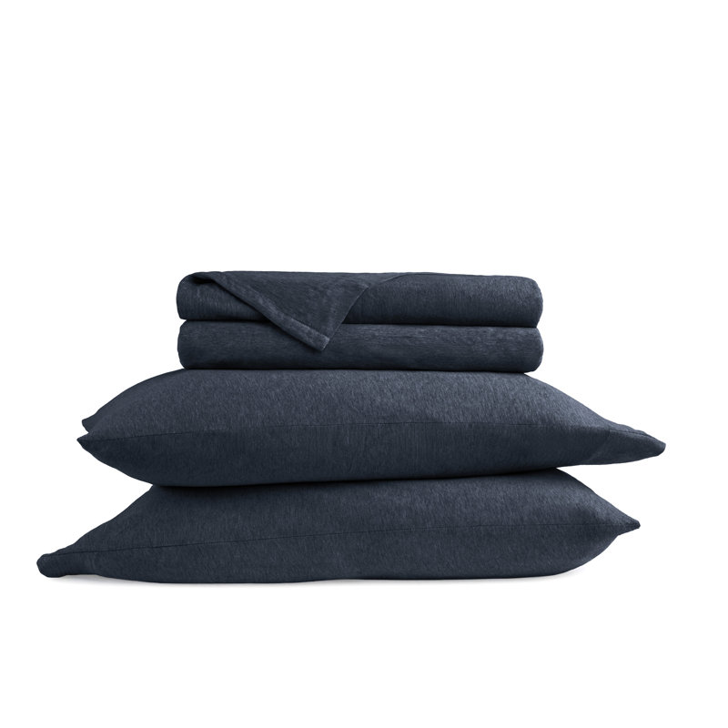 4 Piece 100% Cotton Jersey Knit Sheet Sets, Navy, King Sheet Set + 1 Fitted Sheet + 2 Pillowcases