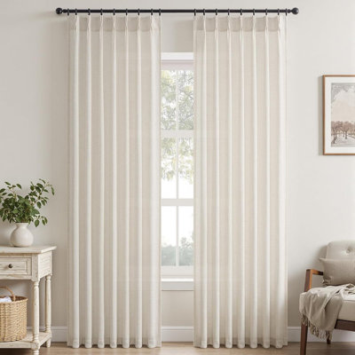 Pleated Linen Curtains, Semi Sheer Light Filtering Pinch Pleat with Hooks and Rings,Back Tab Drapes,Set of 2