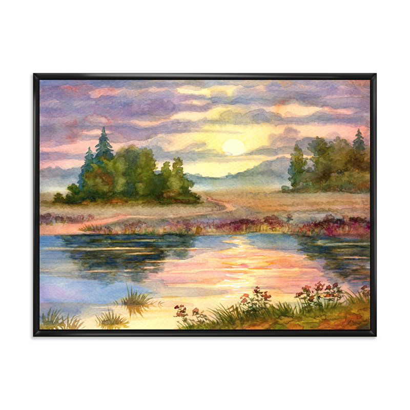 Coucher de soleil sur le lac I - peinture sur toile, Toile avec cadre noir, H 30 po x l 40 po x p 1 po