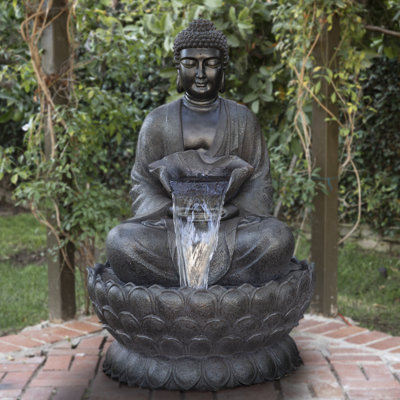 Fontaine de plancher statue de Bouddha avec lumières DEL, 53 po, gris