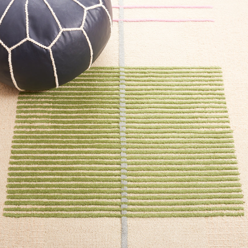 Tapis rayé vert / beige en laine / coton touffeté à la main Genres, Rectangle 9 pi x 12 pi