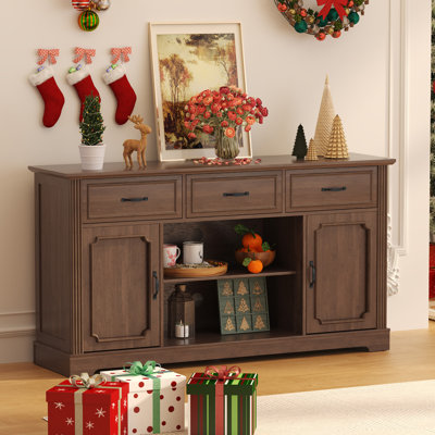 Meuble télé Farmhouse rustique avec tablettes intérieures réglables et tiroirs de rangement, console média en bois pouvant accueillir un téléviseur de 65 po ou moins dans le salon