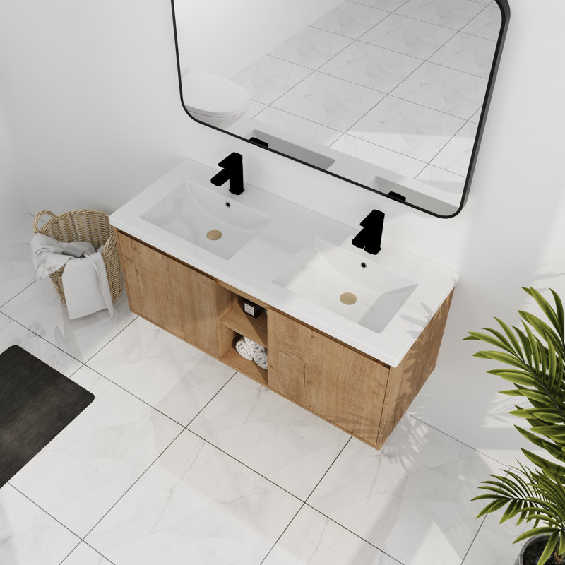 Meuble-lavabo de salle de bain avec double lavabo mural 48 po - Composant de porte à fermeture douce pour intérieur contemporain extérieur robuste
