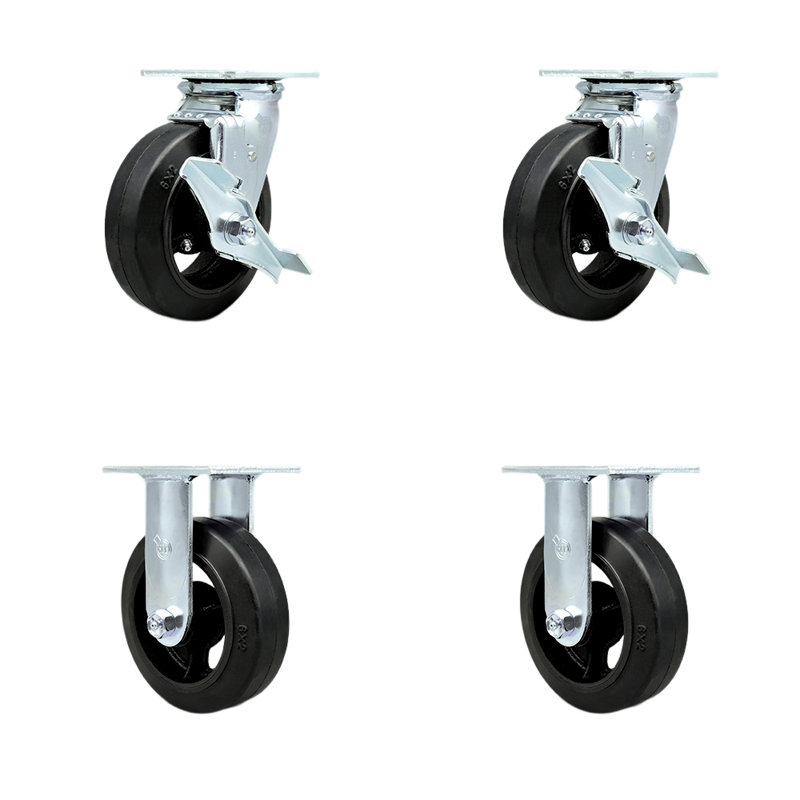 6 Inch Rubber on Steel Caster Set with Roller Bearings 2 Brakes 2 Rigid SCC/SCC-30CS620-RSR-TLB-2-R620-2
