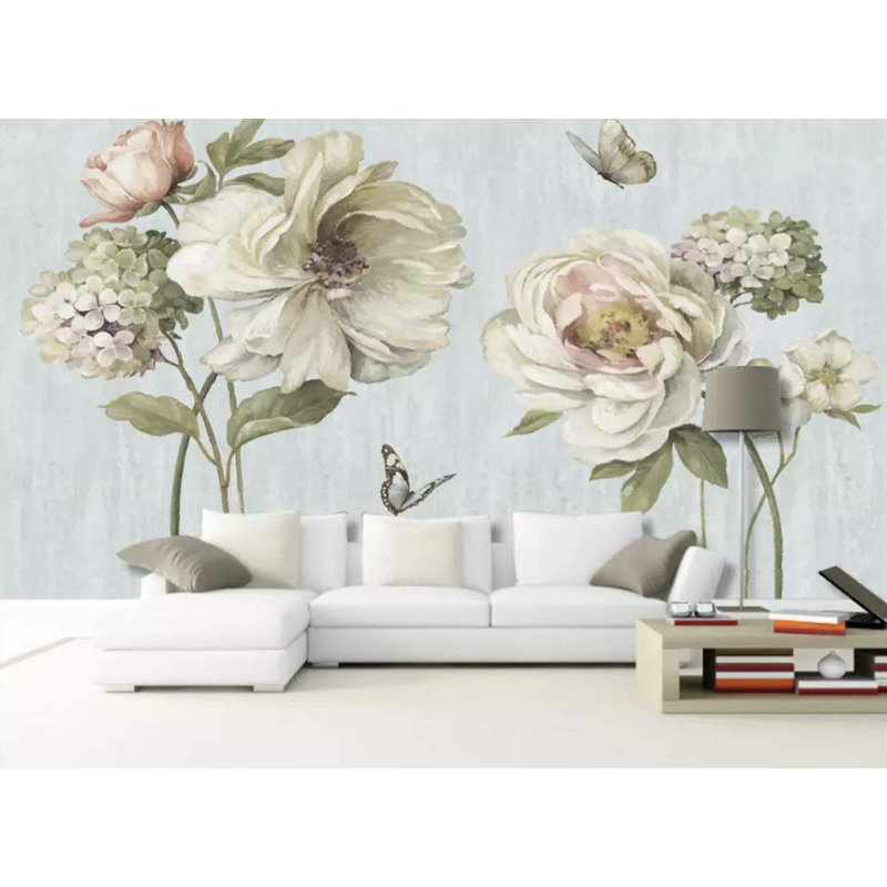 Papier peint amovible aquarelle pivoine rétro, L 75 po x l 112 po