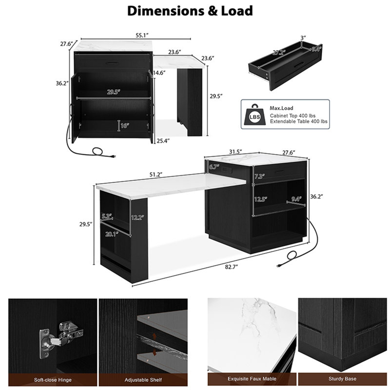 Kitchen Island With Extendable Dining Table, Black/White