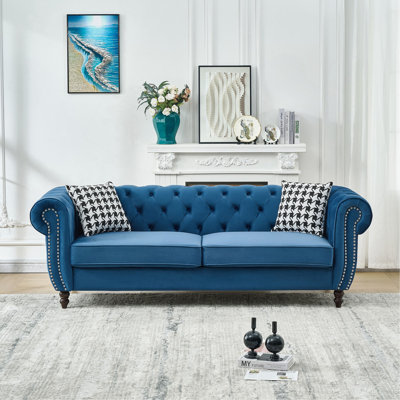 85"Chesterfield ‌velvet upholstery fabric Sofa with Roll Armrest & Nailhead,Upholstered Mid Century Modern Couch,3 Seater Couch for Living Room, Office, Apartment