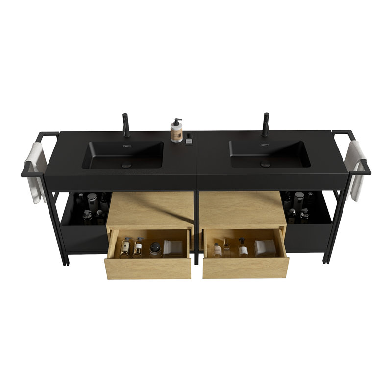 Meuble-lavabo modulaire de style industriel 72 po FORTE. Ce meuble-lavabo est doté d'une structure en métal robuste ornée d'éléments en bois chaleureux