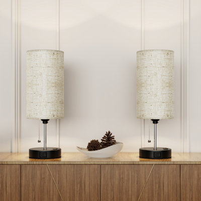 Lampe de table pour la chambre à coucher avec prise de courant et ports USB, lampe de chevet à abat-jour beige 15 po à 3 couleurs pour la chambre à coucher, le salon et les ampoules incluses