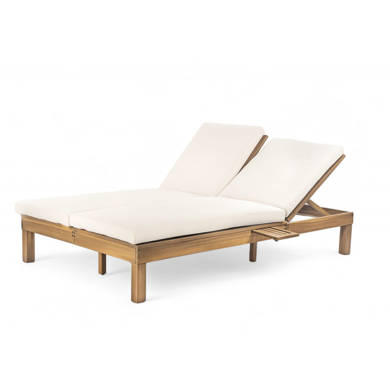 Chaise longue double avec dossier réglable et coussins haute densité, Teck clair