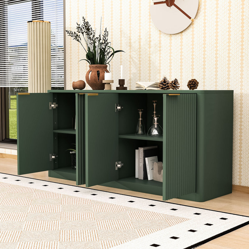Modern Wave Design Sideboard Buffet Cabinet with 4-Door Hidden Storage, Green