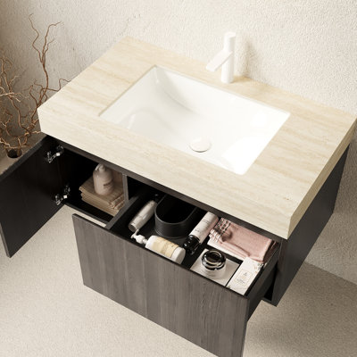 Meuble-lavabo 36 po avec lavabo en céramique et comptoir en pierre frittée, système de fermeture en douceur du tiroir de l'armoire de rangement en contreplaqué, pré-assemblé, beige, lavabo flottant, trou de robinet, porte, finition