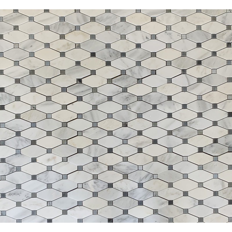 11 in. x 13.25 in. Glossy Marble Tile, Arabescato/Blue Stone