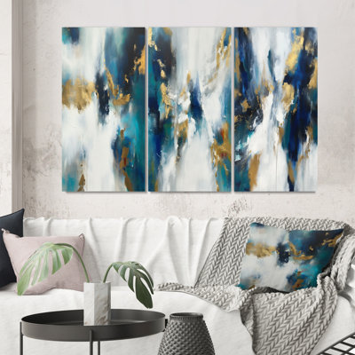 Indigo Awakening abstrait en bleu et or - ensemble de 3 peintures abstraites