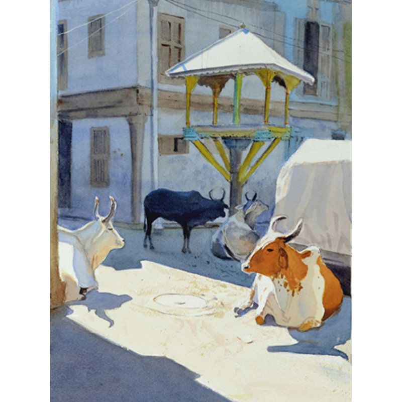 Planète des vaches | Aquarelle sur papier | Par Ramesh Jhawar
