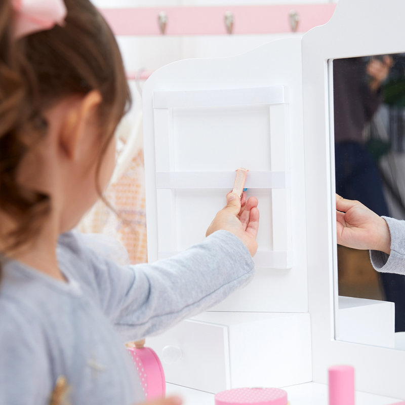 Teamson Kids Little Princess Wooden 2pc. Vanity Table & Stool Set with Mirror & Jewelry Organizers for Pretend Makeup Play and Bedroom Storage
