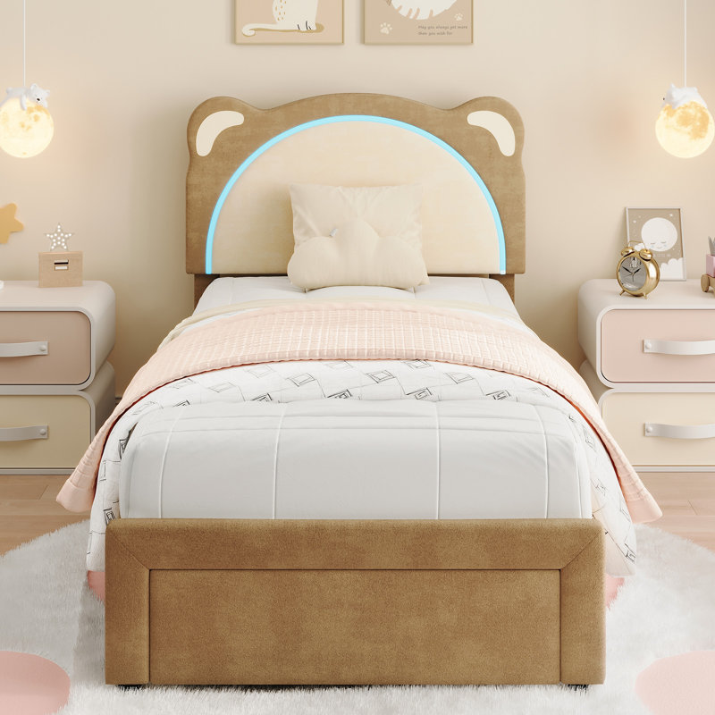 Twin XL Velvet Upholstered Headboard Platform Bed Frame with Storage Drawers, Adjustable LED Lights with Memory Function, Wood Slat Support, Easy Assembly, Coffee