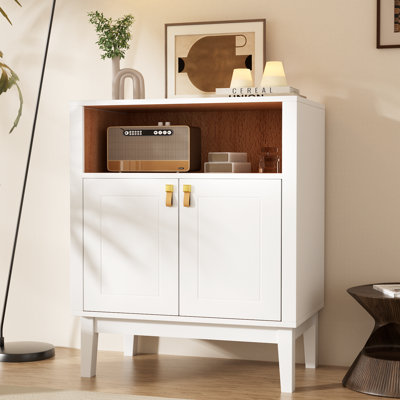 Cortize White 2-Door Accent Chest With Open Wood-Grain Shelf & Gold/Leather Pulls
