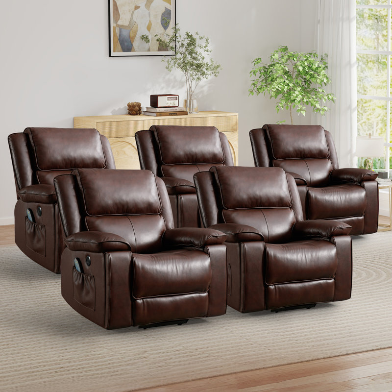 Fauteuil inclinable électrique en cuir véritable de 38,2 po de largeur avec massage chauffant, porte-gobelet dissimulé et port USB (ensemble de 5)