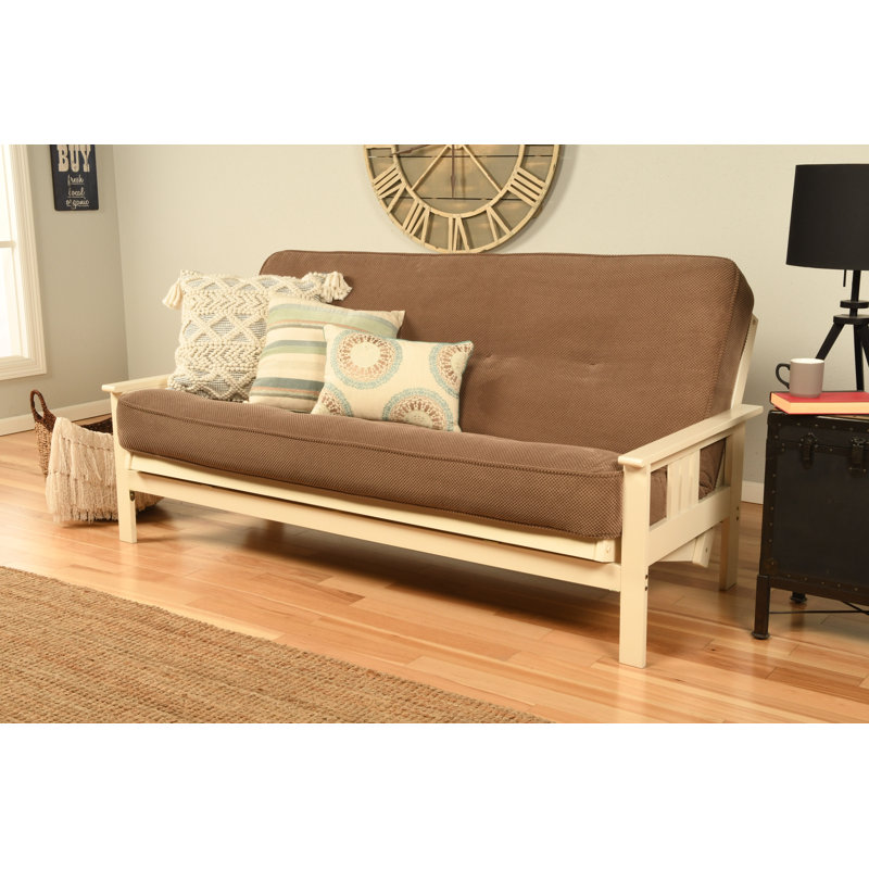 Johnte Full-Size Futon Frame and Full-Size Innerspring Mattress, Antique White, Marmont Mocha, Premium Pocket Coil