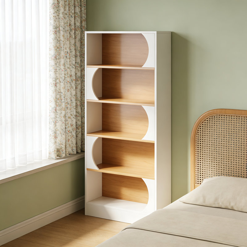 Bibliothèque étagère avec 5 tablettes incurvées modernes, bois blanc moderne de 71 pouces