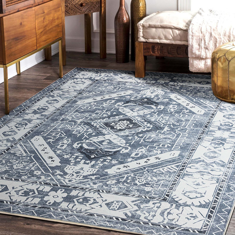 Tapis rétro vintage bleu et gris en faux cachemire, Rectangle de 5 pi x 8 pi