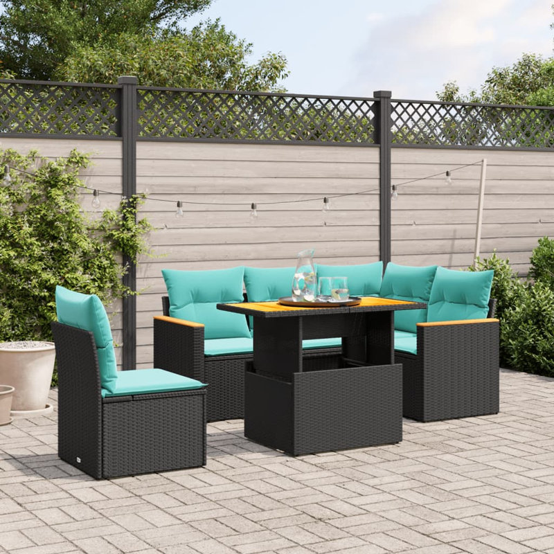 Ensemble de canapés de patio 6 pièces avec coussins en rotin noir pour l'extérieur