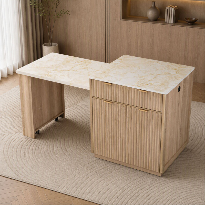 Îlot de cuisine cannelé K&K de 210 cm avec table à manger extensible pour 4 à 6 personnes, table d'îlot avec prise électrique, table de cuisine avec rangement double face, 2 tiroirs et 2 étagères latérales ouvertes.