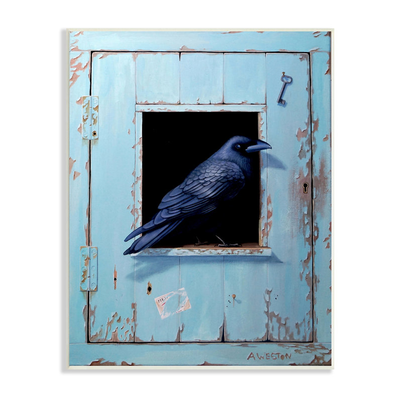 Corbeau perché rustique bleu porte suspendue clé art mural par Alan Weston, H 19 po x l 13 po x P 0,5 po