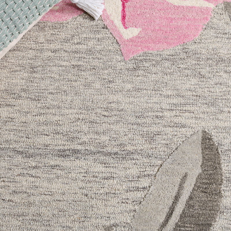 Tapis floral gris / rose en laine / coton touffeté à la main Jardin 403, Rectangle 8 pi x 10 pi