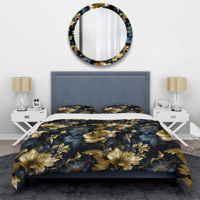 Dark Blue And Golden Gilded Damask Glamour I - Ensemble de housse de couette damassé