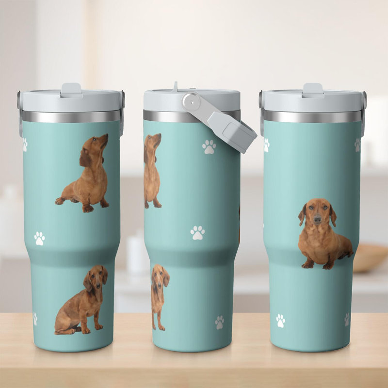 Gobelet 30 oz avec couvercle et poignée Gobelets isothermes en acier inoxydable Bouteille d'eau mignonne avec rabat (chien)