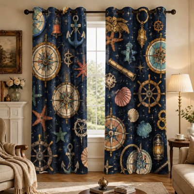 2Pcs Nautical Themed Sun Blocking Curtains, Maritime Compass Steering Wheel Anchor Starfish Print Art, Vintage Ocean Adventure Pattern for Living Room Bedroom Decoration for Home Dector